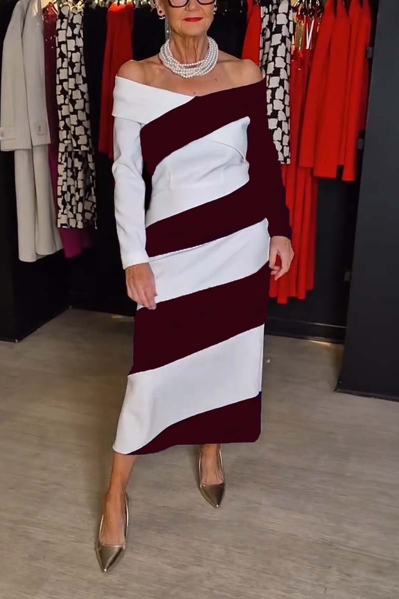 Women's Elegant Off Shoulder Slim Striped Dress Wine Red