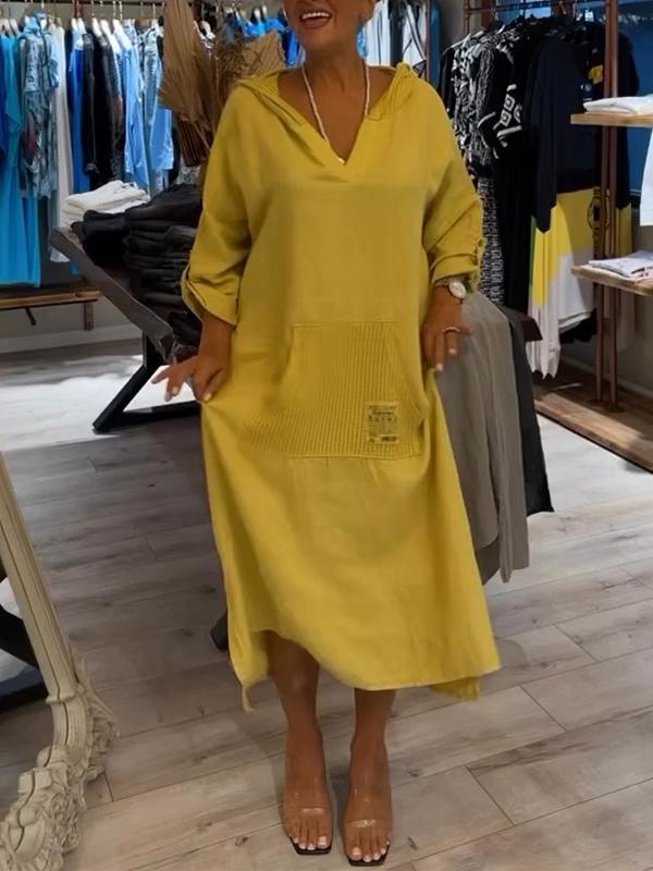 Women's Casual Hooded Solid Color Cotton and Linen Dress yellow