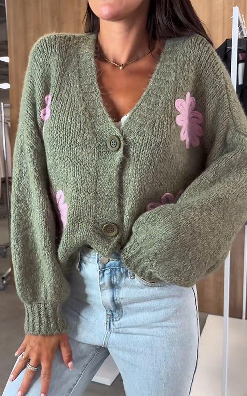 Women's V-neck Embroidered Knitted Cardigan Green