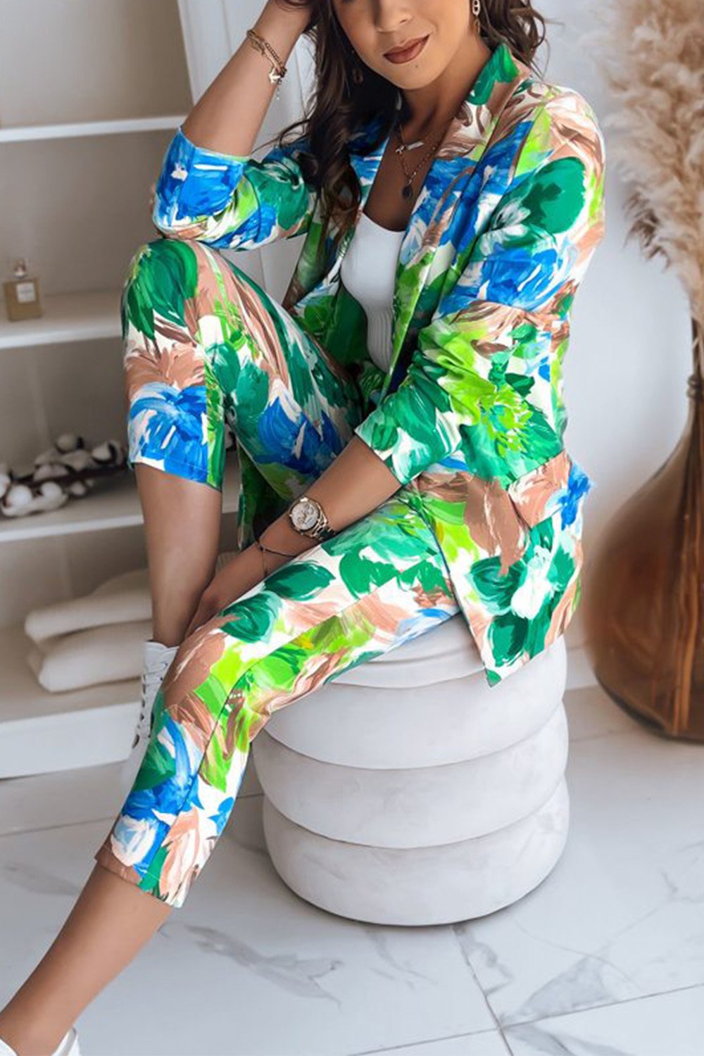 Women's Printed Blazer and Pants Two-piece Set Green