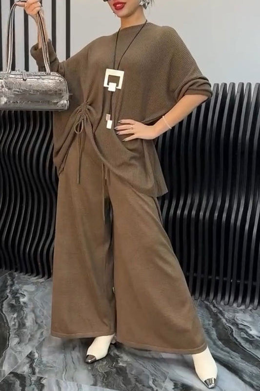 Women's Round Neck Long Sleeve Pullover Sweatshirt Wide Leg Pants Two Piece Set khaki