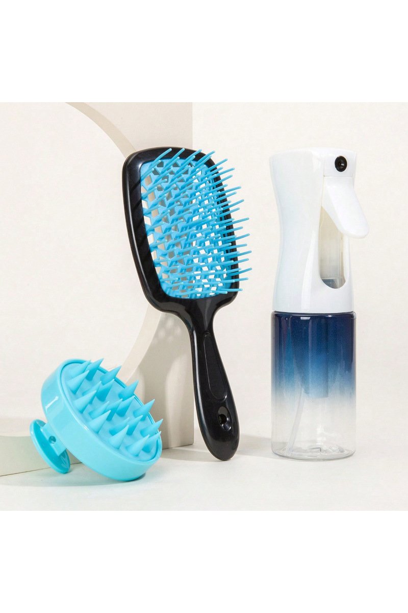 Women's Home Use Straight Hair Curly Hollow Comb Set blue ABS