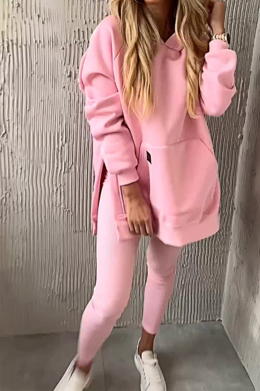 Women's Hooded Slit Top & Slim-fitting Pants Two-piece Set Pink