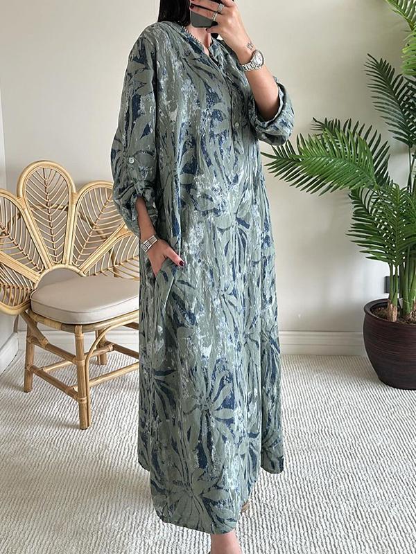 Women's V-neck Long-sleeved Printed Casual Dress