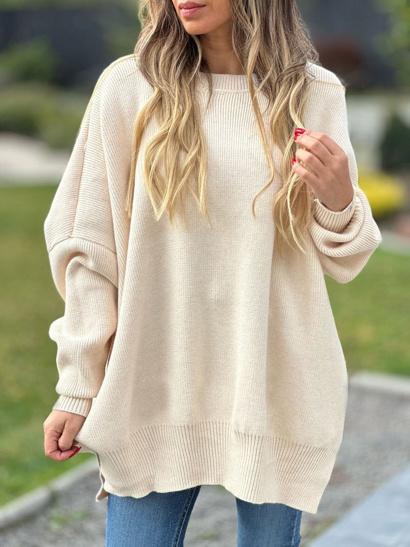 Women's Solid Color Irregular Pullover Sweater Beige