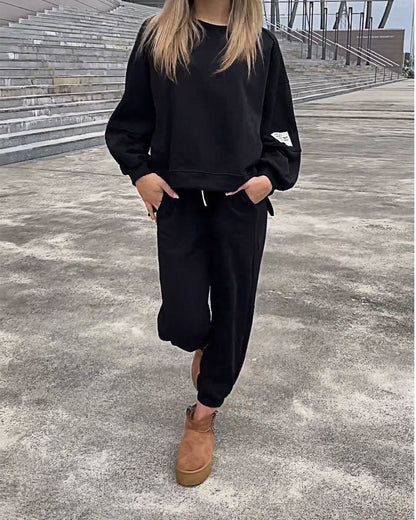 Women's Two-piece Solid Color Loose Sweatshirt Suit Black