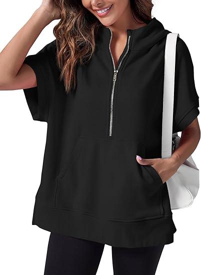 Women's Hooded Short-sleeved Half-zip Top Black