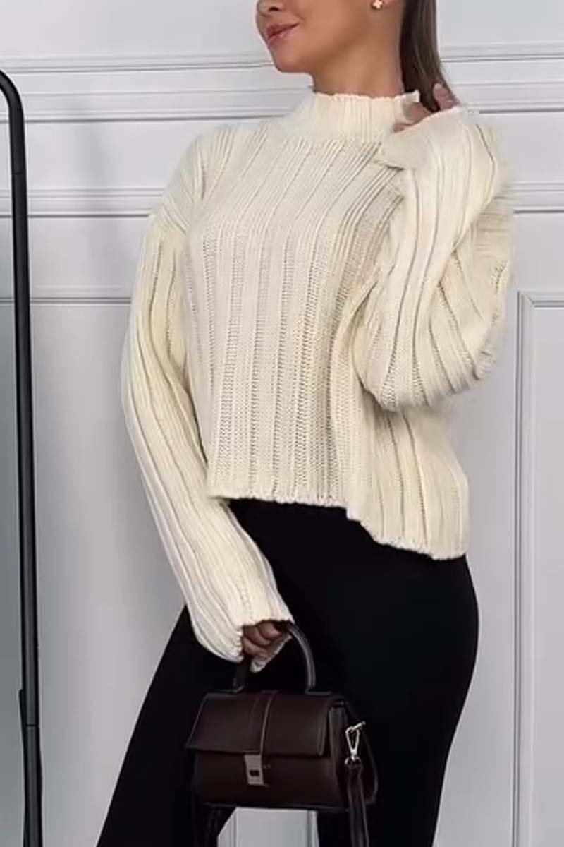 Women's Casual Wide Stripe Solid Color Short Sweater Apricot