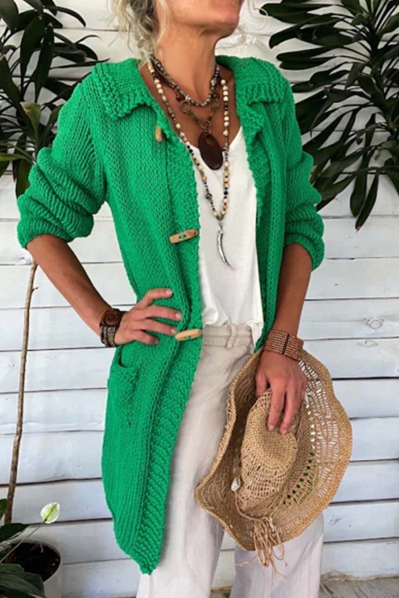 Women's Casual Solid Color Lapel Thick Thread Sweater Knitted Cardigan Green