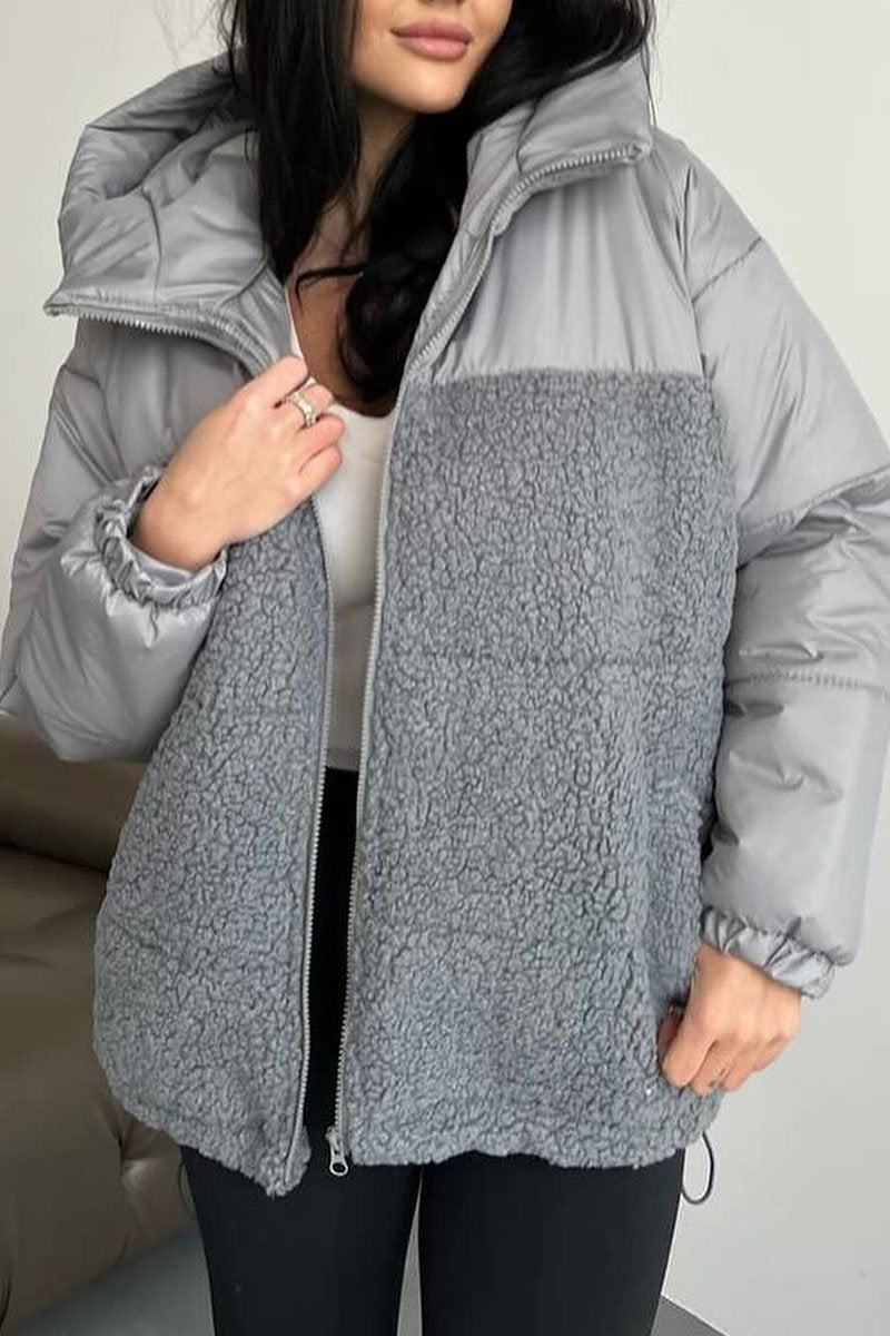 Women's Casual Solid Color Plush Patchwork Coat grey