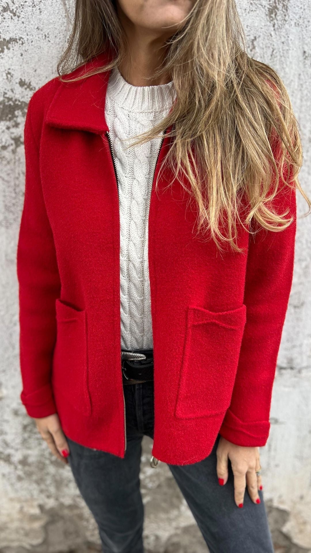 Women's Lapel Knitted Zipper Casual Jacket red