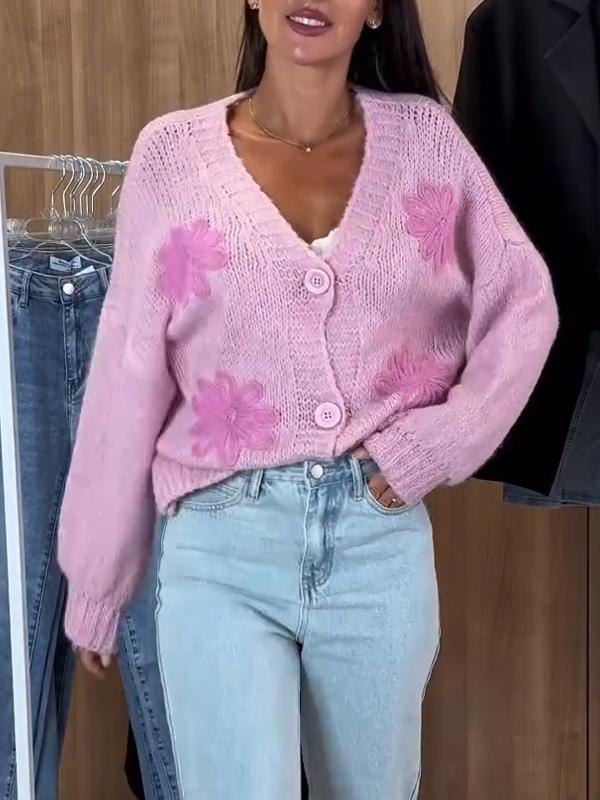 Women's V-neck Embroidered Knitted Cardigan pink