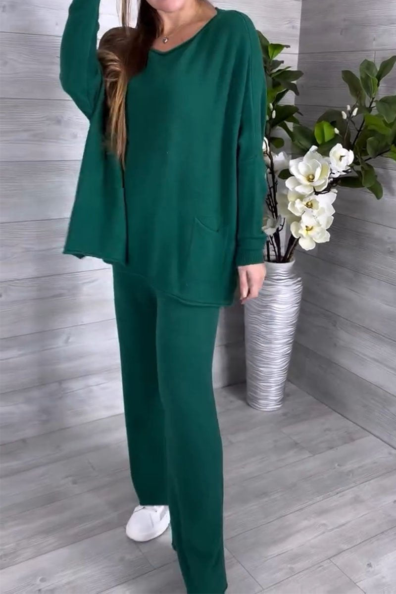 Women's Casual Solid Color Knit Pocket Two-Piece Set green