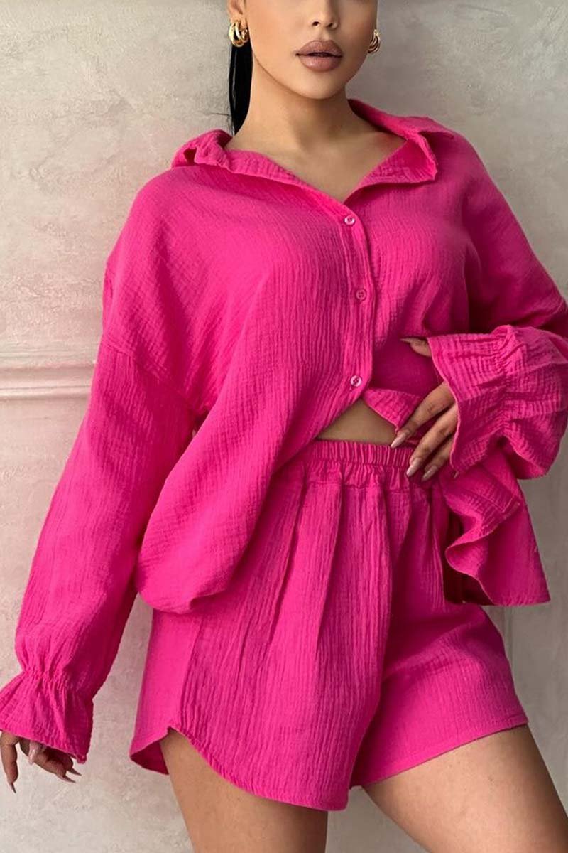 Casual solid color texture clothing set Pink