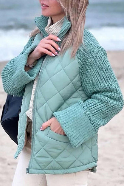 Knitted Patchwork Solid Color Casual Jacket lake blue