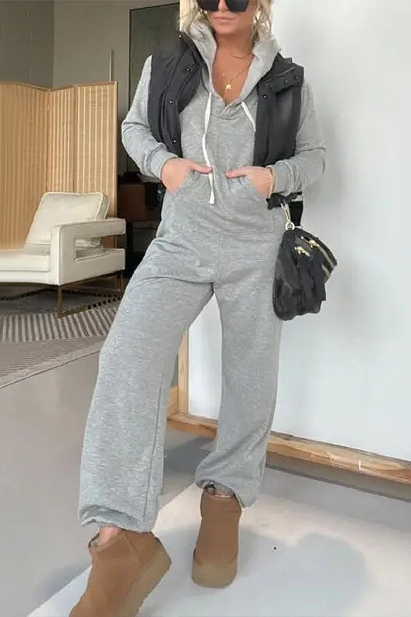 Women's Casual Hooded Solid Color Jumpsuit gray