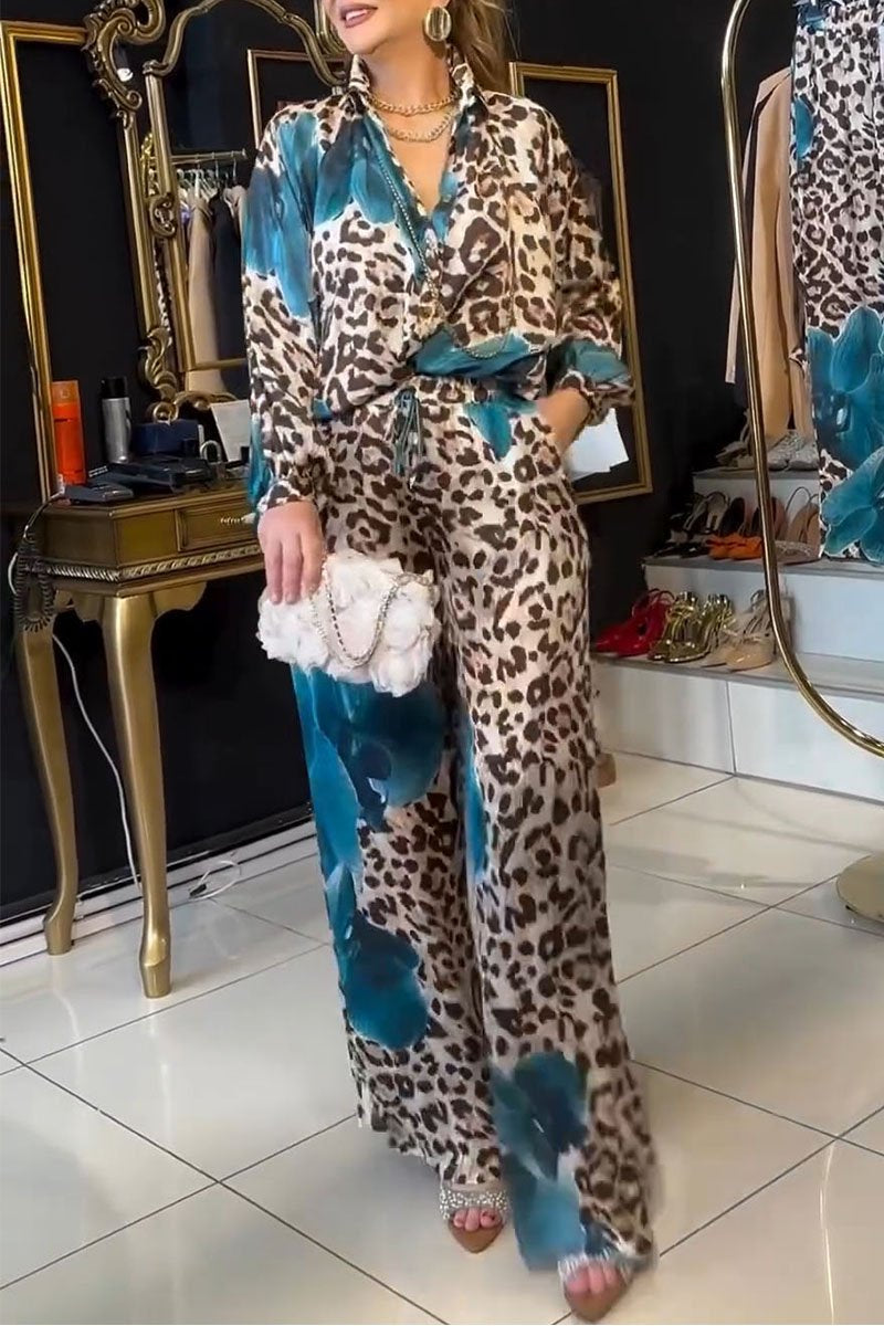 Women's V-neck Long-sleeved Leopard Print Two-piece Suit