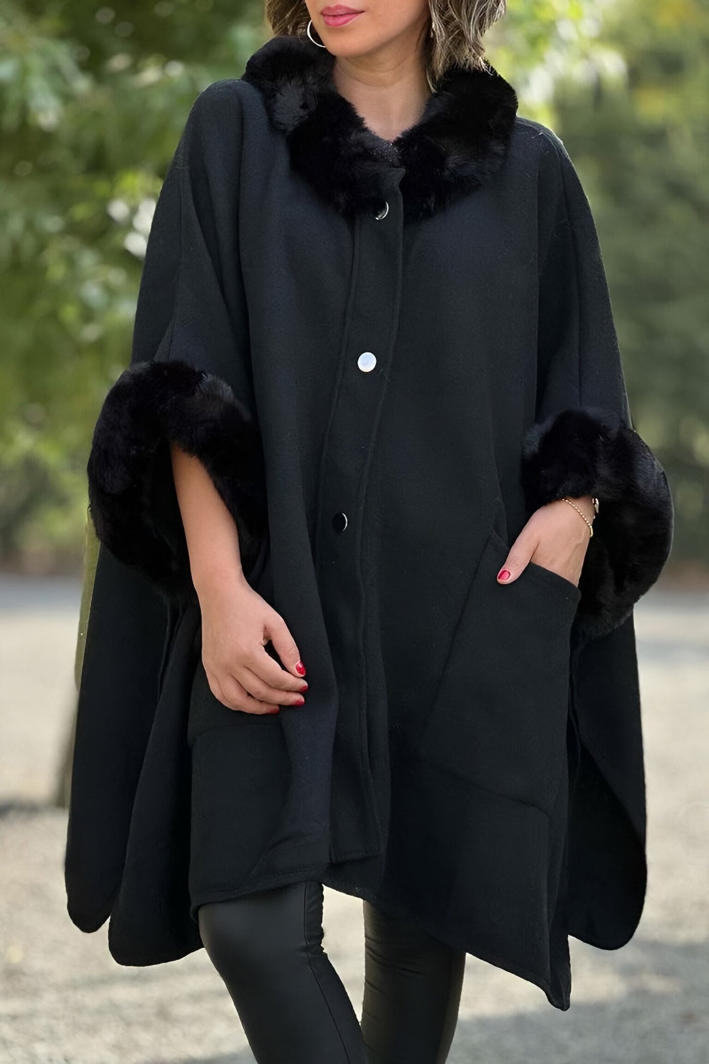 Women's Elegant Cuffs Terry Loose Coat Black