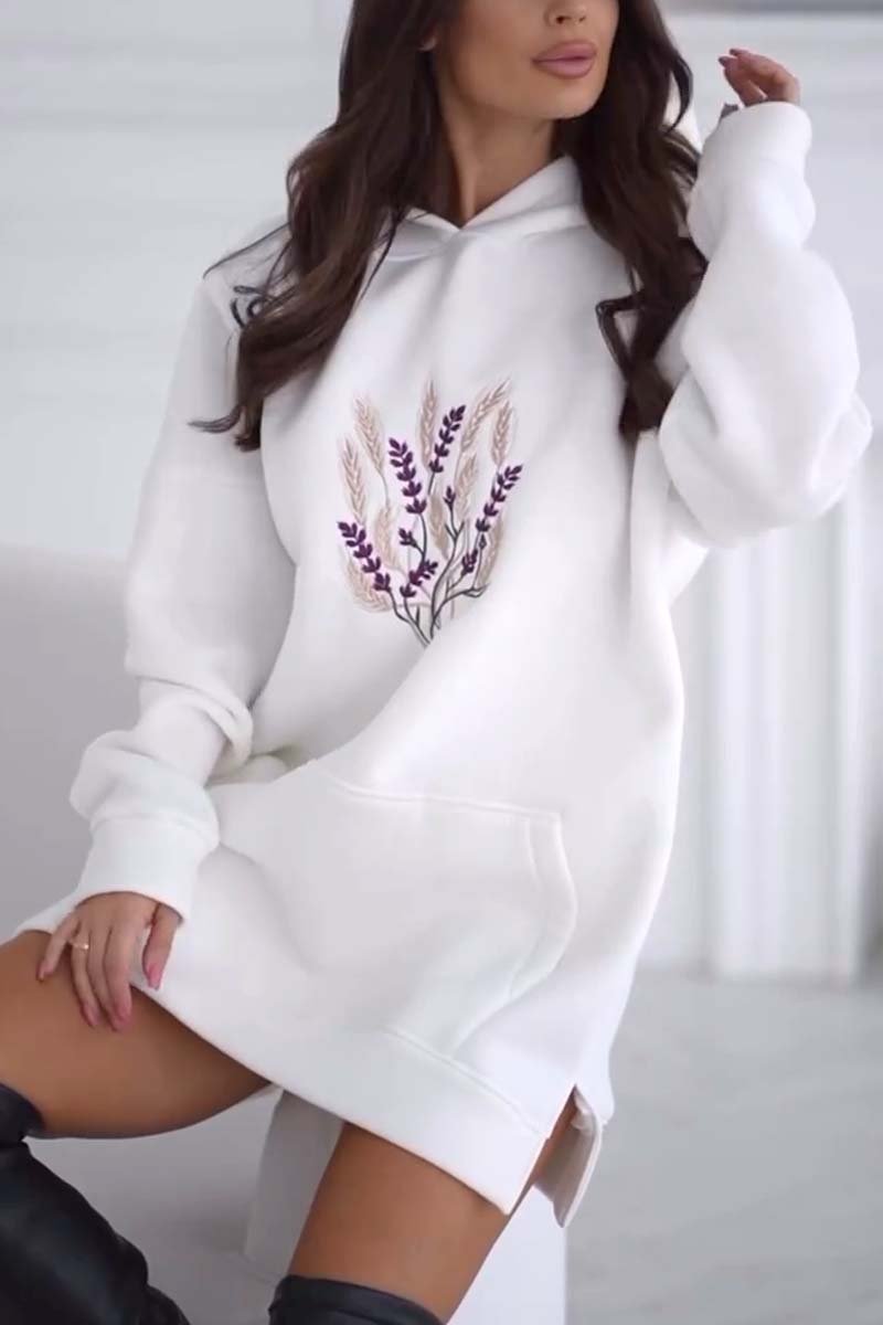 Women's casual loose hooded long sweatshirt White