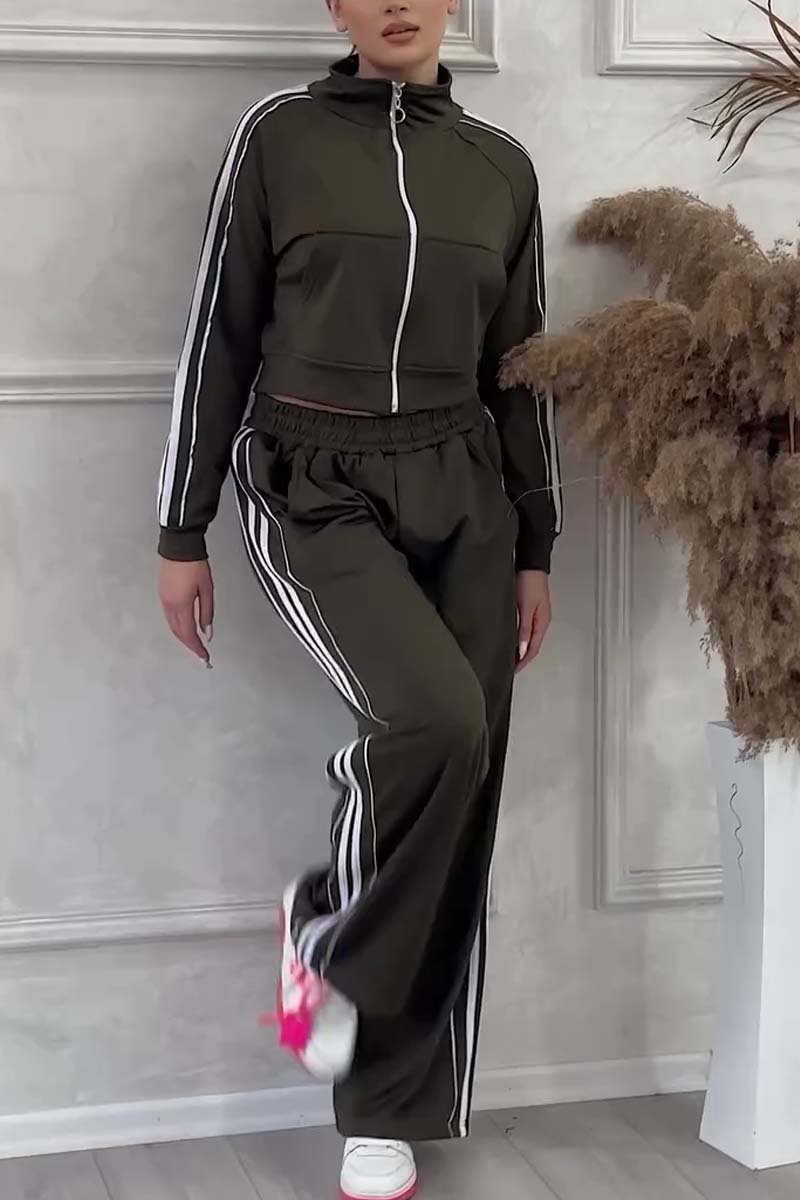 Women's Casual Side Web Contrast Sports Suit Army Green