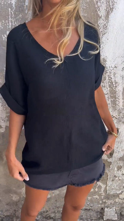 V-neck Mid-sleeve Casual Top Black