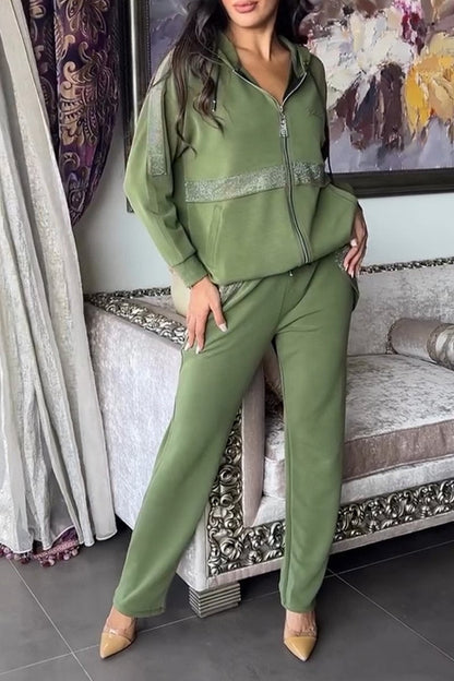 Women's Long-sleeved Hooded Zipper Top Two-piece Set green