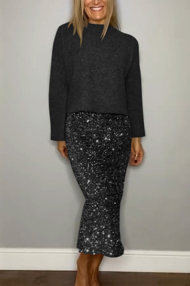 Women's Casual Sweater Top Sequin Skirt Two-Piece Set black