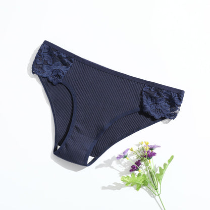 Women's Threaded Solid Color Low-rise Lace Breathable Double-stop Briefs blue