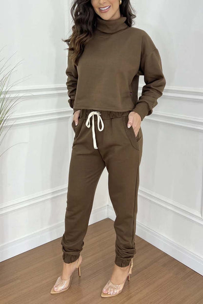 Women's Casual Solid Color Turtleneck Cropped Top and Pants Set Brown