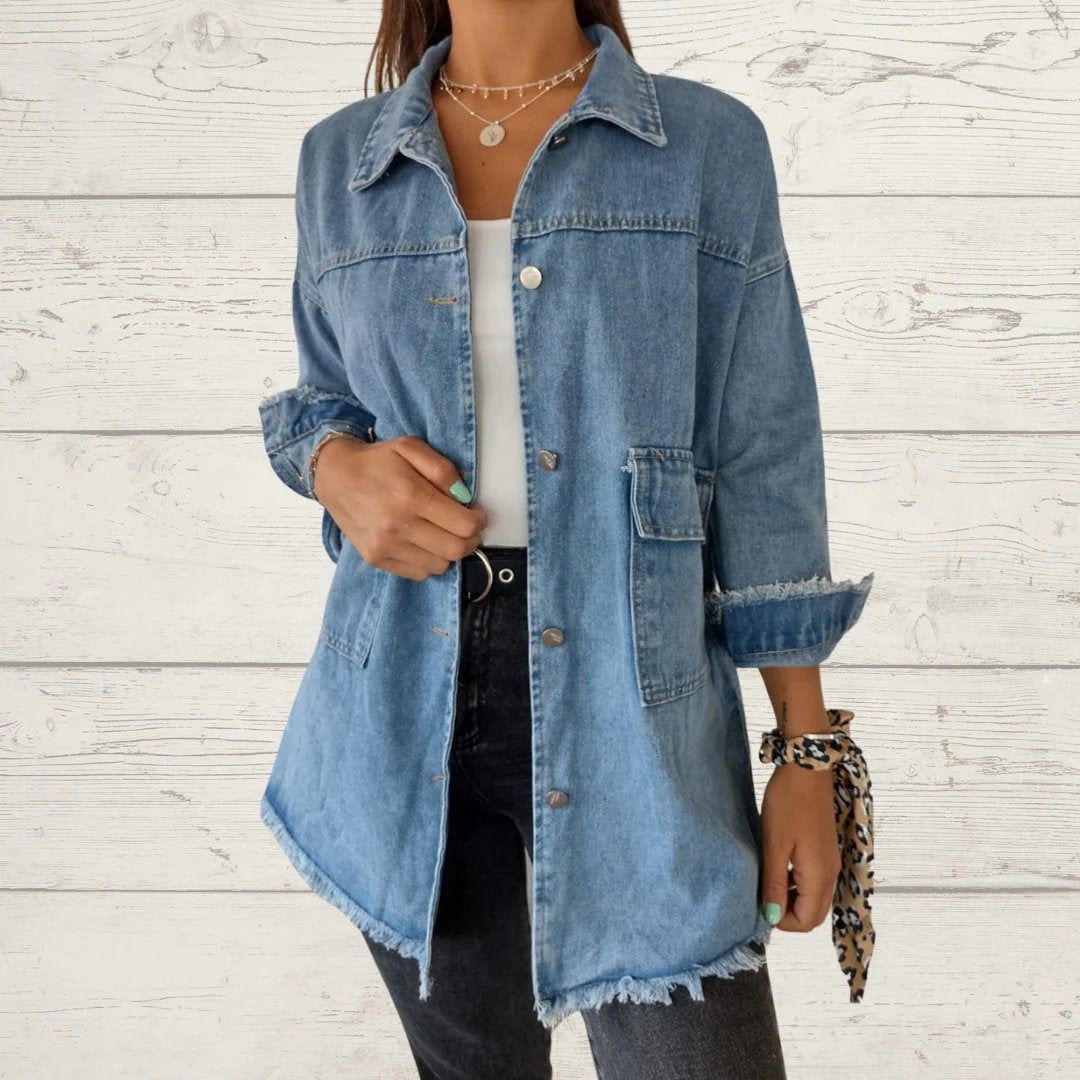 Lapel Single-breasted Denim Jacket with Fringe Design blue