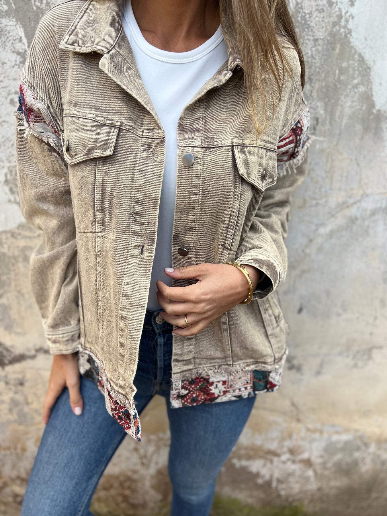 Women's Denim Patchwork Casual Jacket khaki