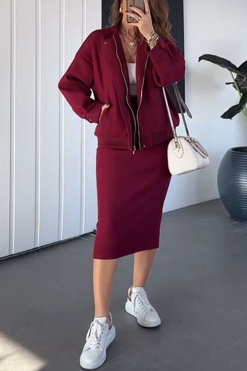 Women's Solid Color Hoodies and Skirt Two-piece Set red