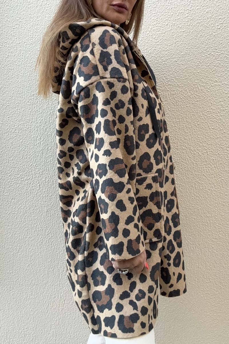 Women's Casual Loose Leopard Print Hooded Coat