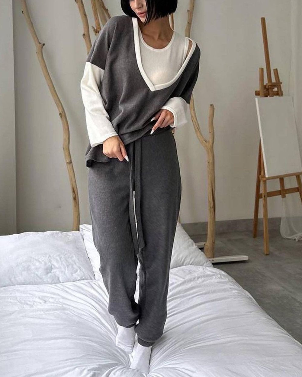 Women's Contrasting Color Patchwork Sweater Knitted Three-piece Set Grey