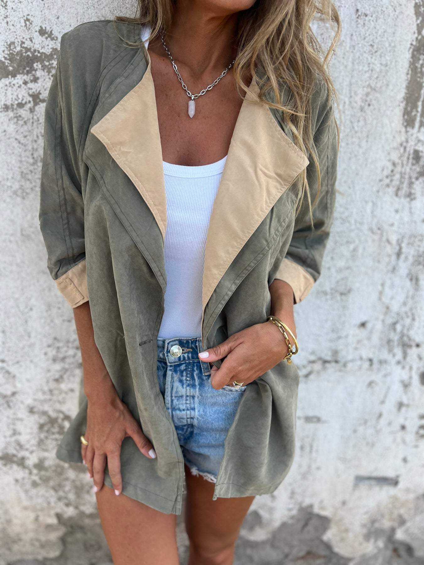 Women's Lapel Mid-sleeve Jacket green