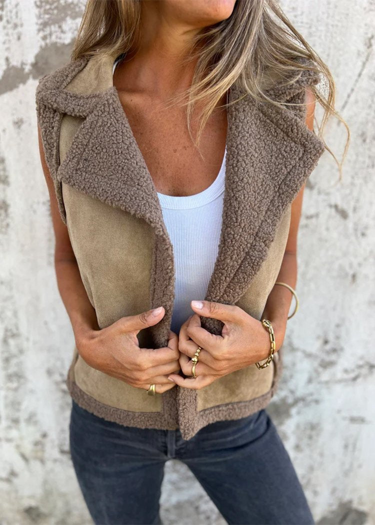 Lapel Sleeveless Cardigan Shearling Coat dark brown