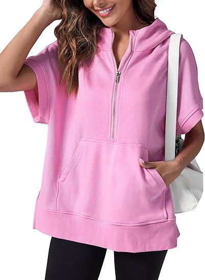 Women's Hooded Short-sleeved Half-zip Top Pink