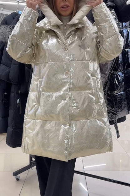 Women's Casual Hooded Shiny Mid-length Jacket Gold