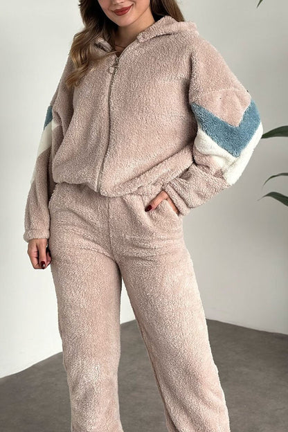 Solid Color Long Sleeve Patchwork Plush Two Piece Set