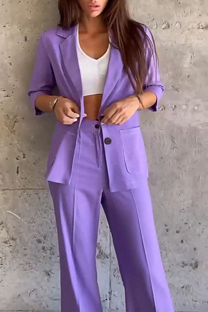 Women's Solid Color Casual Suit Top & Pants Two-piece Set