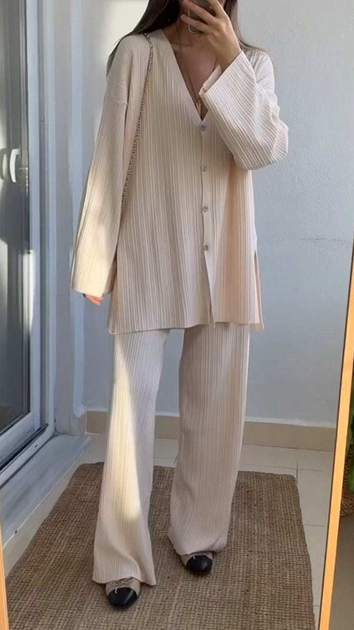 Women's Breasted Loose Casual Knit Suit Beige