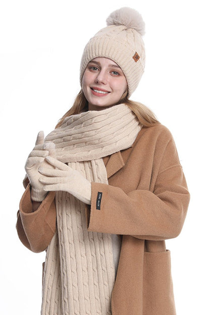 Knitted Hat, Double-layer Fleece Warm Wool Scarf, Gloves, Three-piece Set beige One size