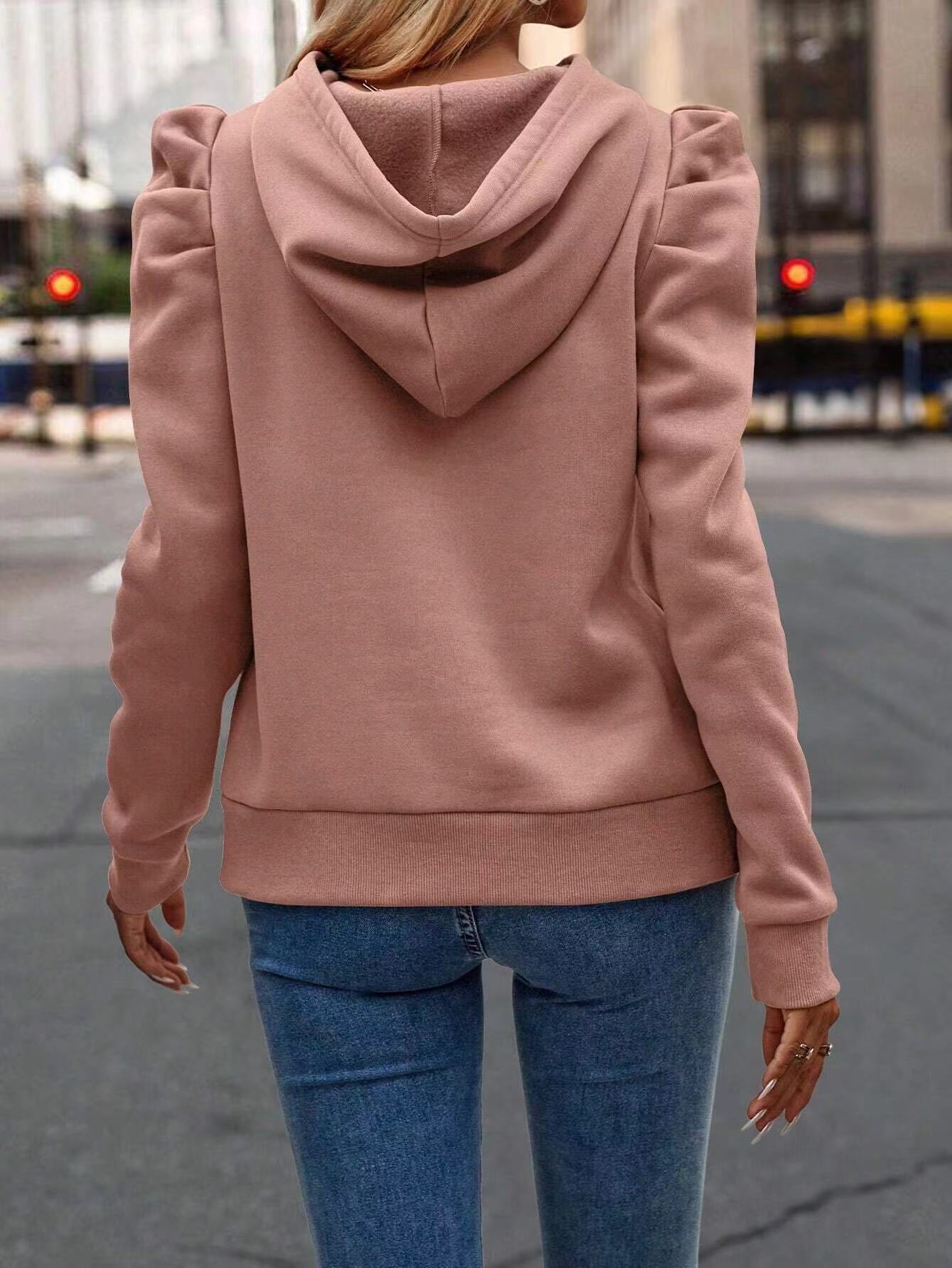 Fashionable Pile Collar Hooded Solid Color Long-sleeved Pullover Sweatshirt