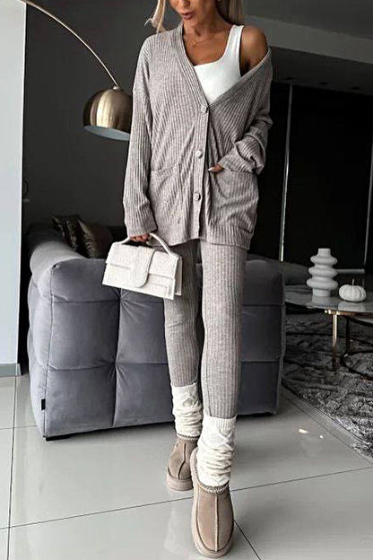 Women's Sweater Cardigan & Stretch Pants Two-piece Set