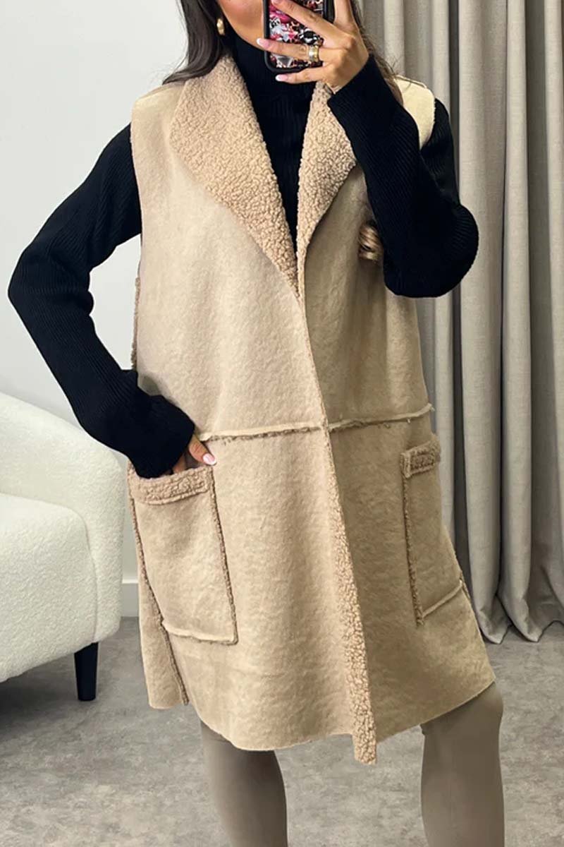 Women's Casual Sherpa Sleeveless Coat Khaki