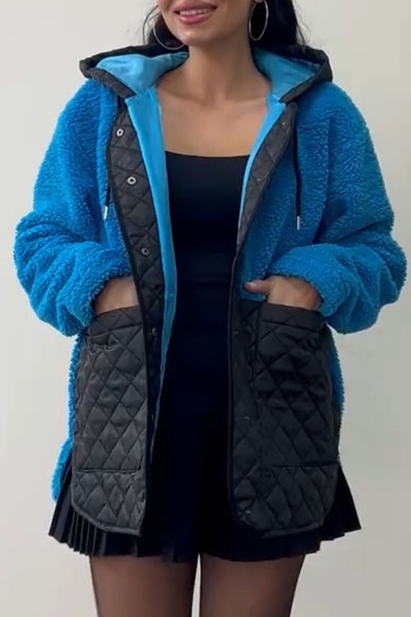 Women's Hooded Patchwork Plush Coat blue