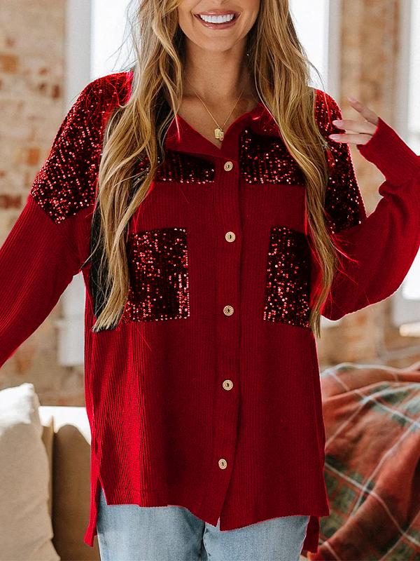 Ladies Lapel Sequined Casual Shirt red