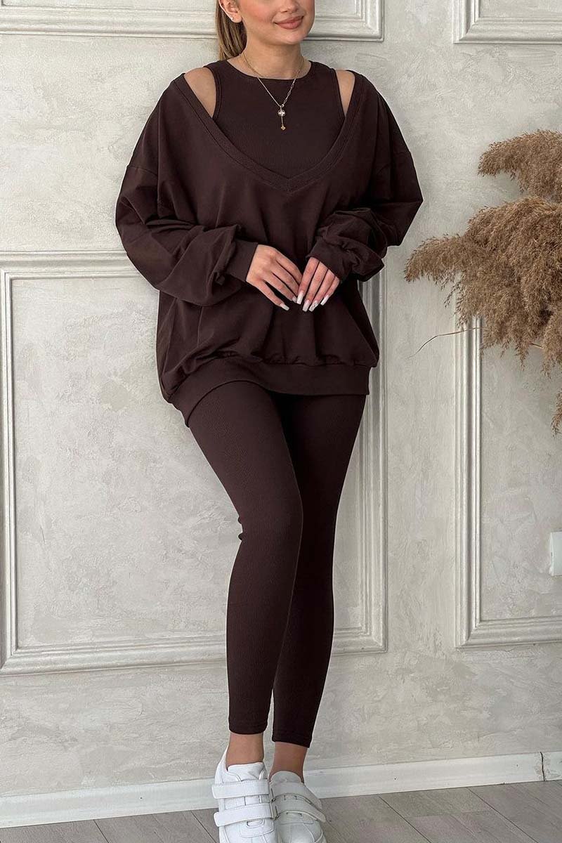 Women's casual sports solid color three-piece suit Drak Brown