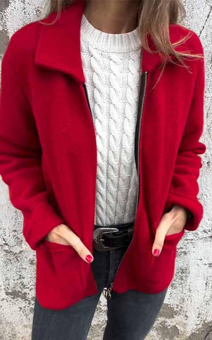 Women's Lapel Solid Color Zipper Jacket Red