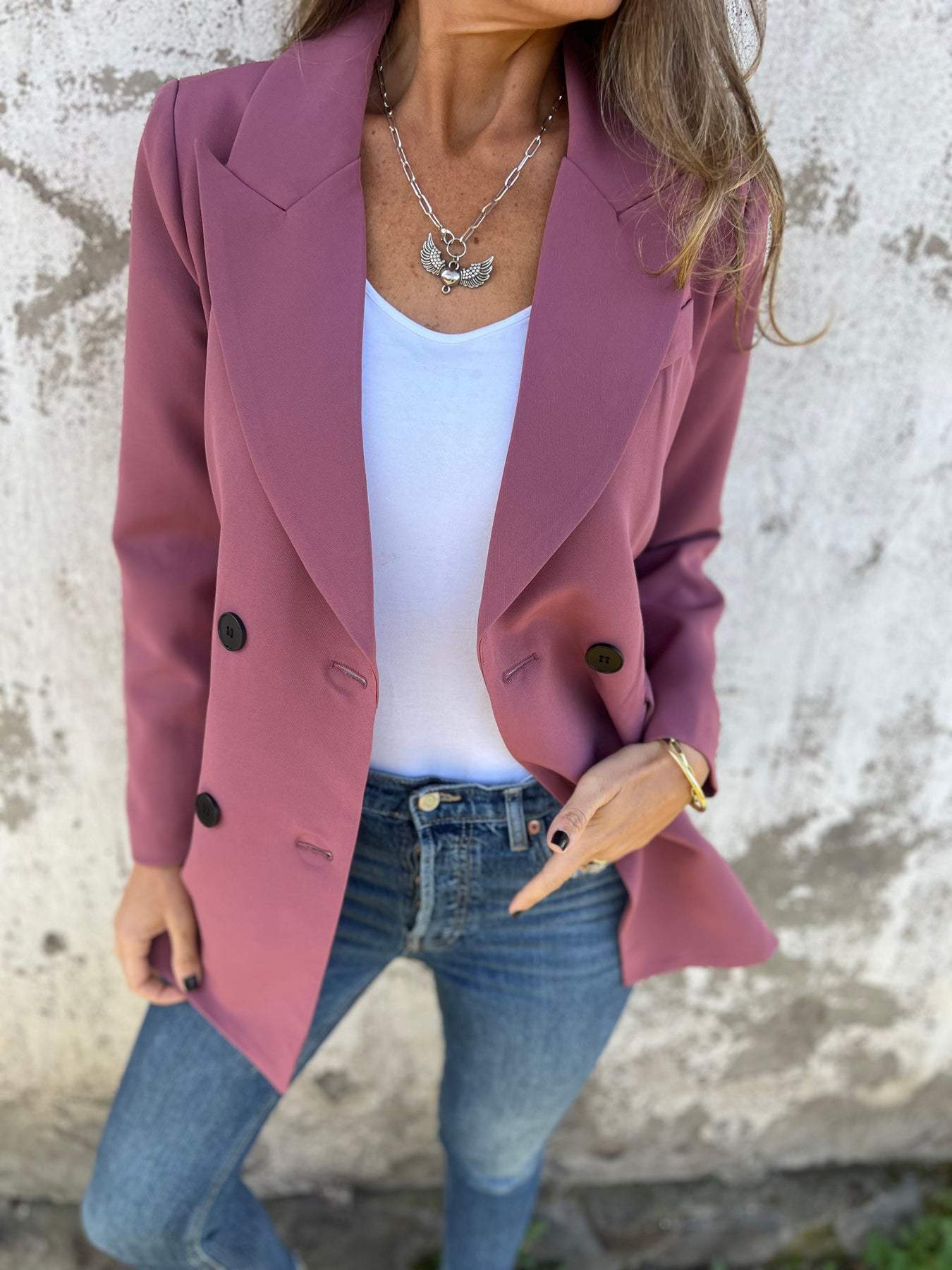 Women's Lapel Long Sleeve Casual Suit Jacket rose red